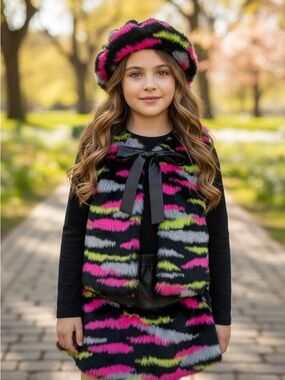 Kate Mack Black Faux Fur Vest Skirt Hat with Pink, Lime & Gray Accent